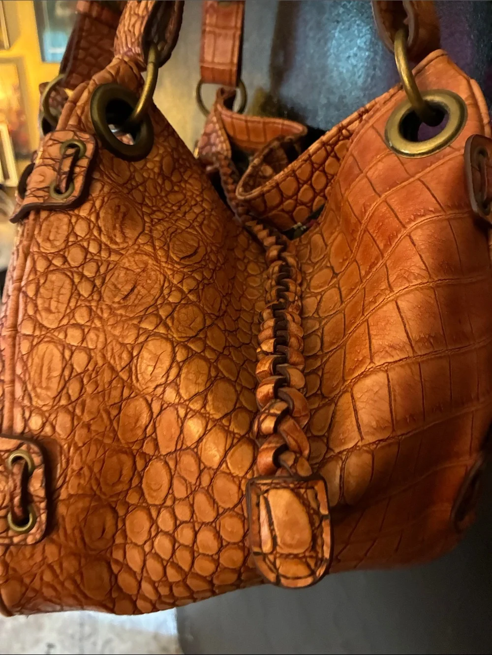 Jessica Simpson Y2K Croc-Embossed Bucket Bag in Cognac Brown